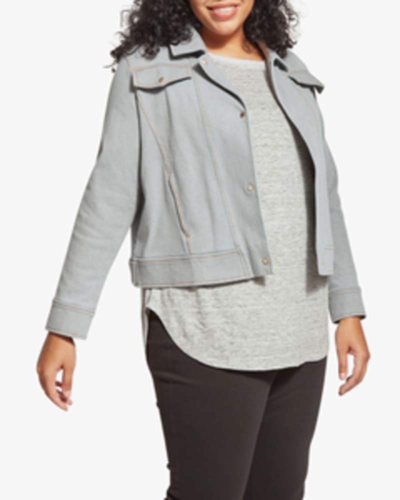 Front of a model wearing a size 1X Tasha Denim Jacket in Light Grey by Lysse New York. | dia_product_style_image_id:235988